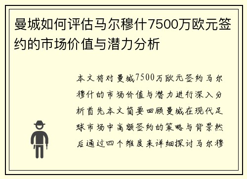 曼城如何评估马尔穆什7500万欧元签约的市场价值与潜力分析 曼城如何评估马尔穆什7500万欧元签约的市场价值与潜力分析