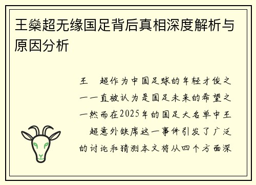 王燊超无缘国足背后真相深度解析与原因分析